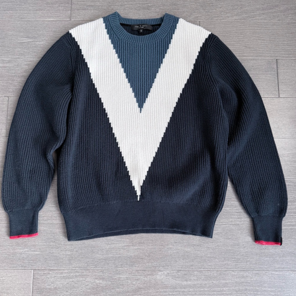Rag & Bone Emory Intarsia Sweater Mens L Chevron Colorblock Cable Knit Cotton - Picture 13 of 15